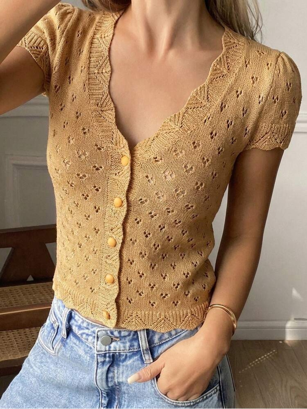New small Dazy knit Button Front Short Sleeve sweater cardigan v neck Top gold